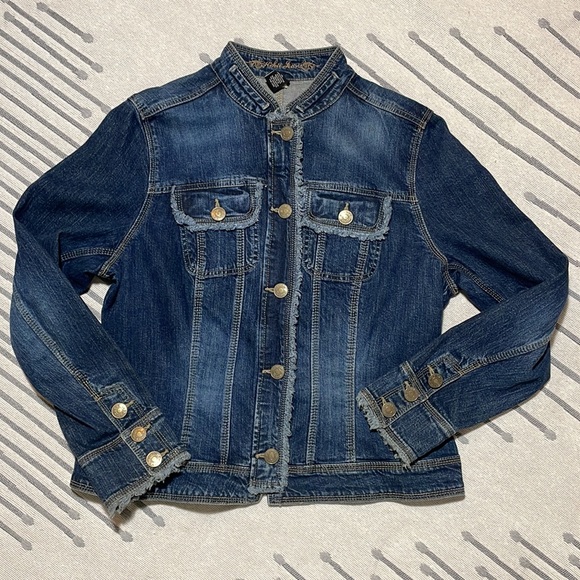 😎Y2K KIKIT JEANS Blue Jeans Jacket Pockets Fitted Raw Edge Frayed Moto Size XL - Picture 2 of 13